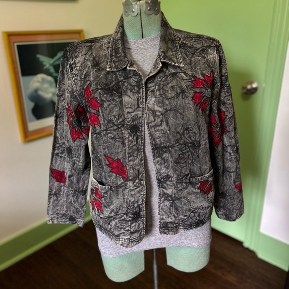 French Laundry Grey Acid Wash Denim Jacket with Embroidery and Patchwork Flowers - Picture 9 of 10